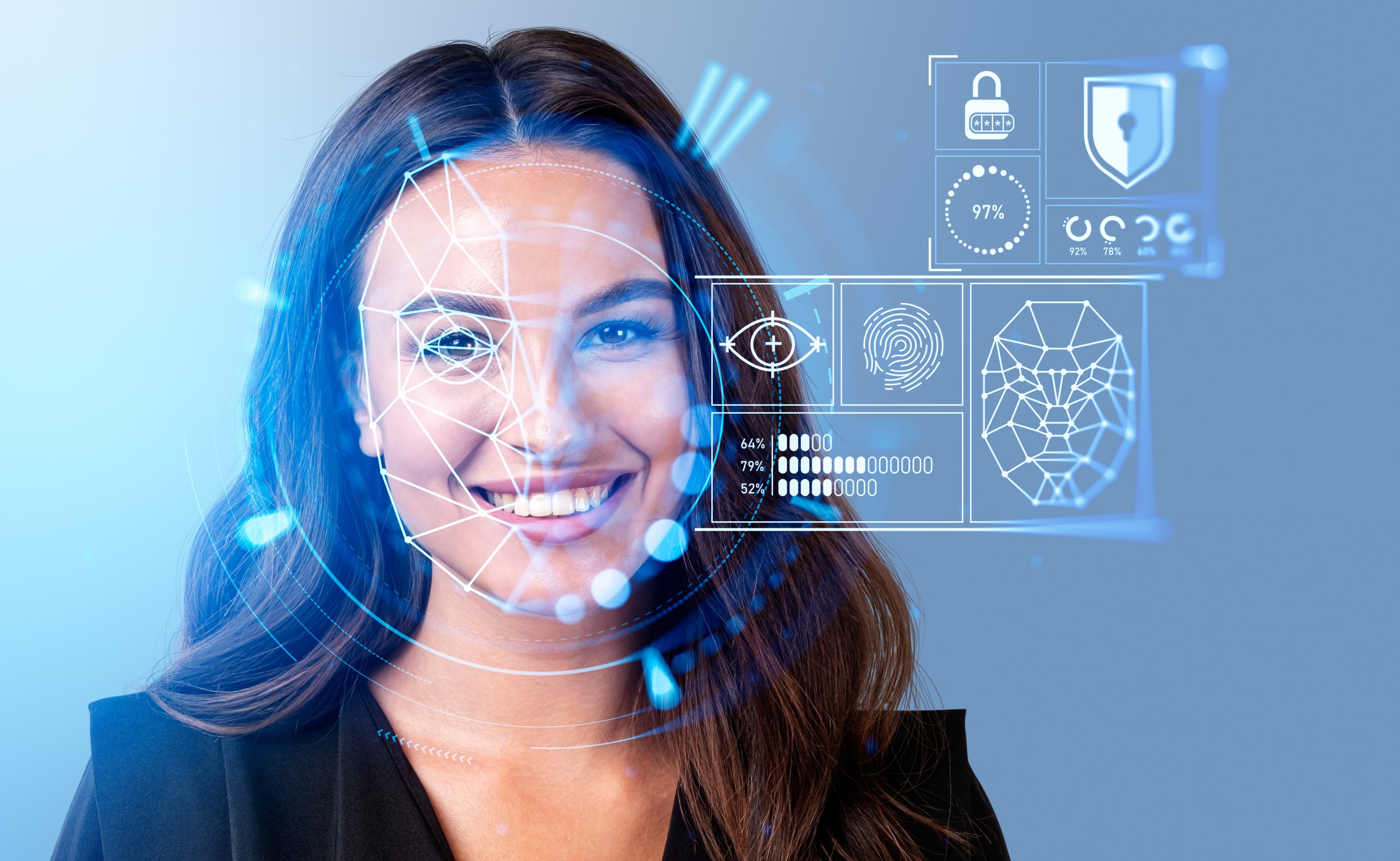 User authentication via Smiling businesswoman in formal wear watching at digital interface with facial recognition by digital interface with line connection hologram. Concept of modern technology of artificial intelligence